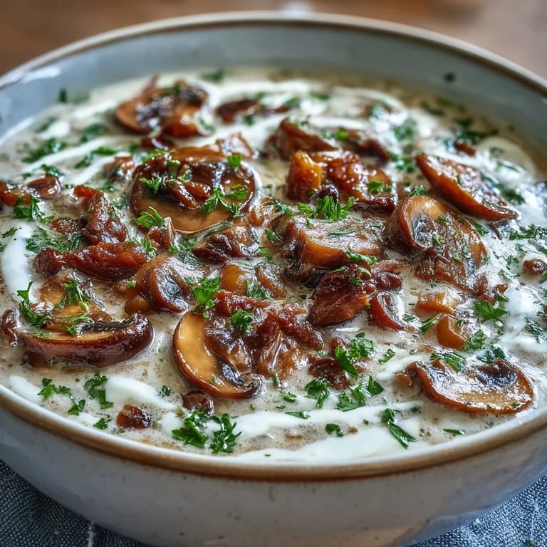 Close-up of Creamy Mushroom Stroganoff Soup featuring golden sautéed mushrooms and rich, velvety broth in a ceramic mug.