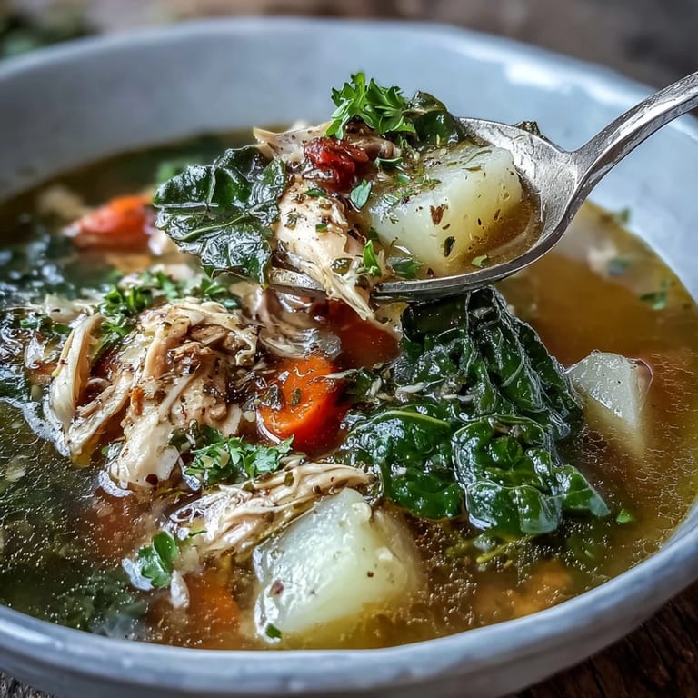 Collard Greens, Chicken and Vegetable Soup served in a rustic ceramic bowl with a spoon, featuring chunky carrots, celery, hearty potatoes, and dark leafy greens in golden broth.