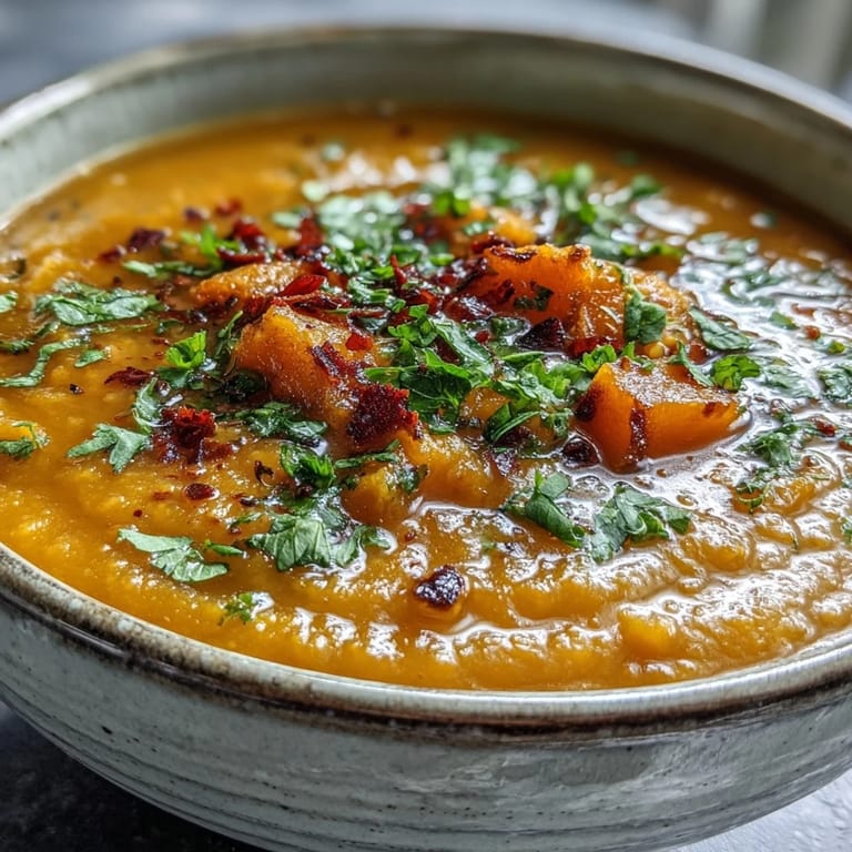 Spiced butternut squash and lentil soup served in a white bowl with crusty bread on the side.