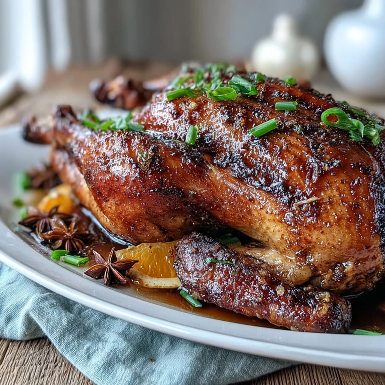 Succulent Five-Spice Roast Ducks with glistening skin and orange wedges, plated for a romantic Valentine's dinner.