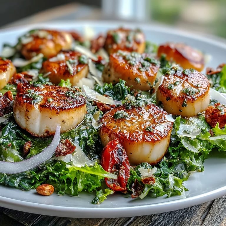 Easy seared scallops with escarole salad and pesto vinaigrette, garnished with fresh lemon wedges on a rustic wooden table ready to serve.