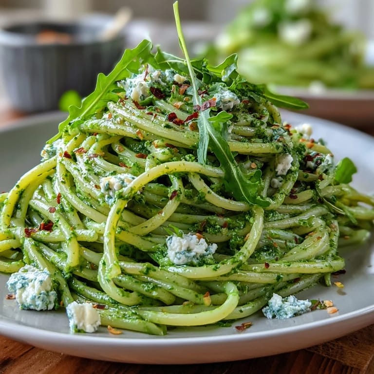 A close-up of Linguine with Arugula Pesto shows creamy cottage cheese blended pesto clinging to pasta, finished with black pepper.