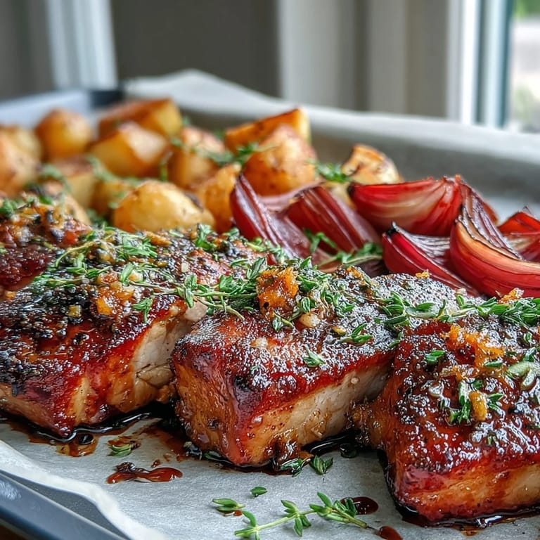 Freshly roasted Pork and Aromatic Rhubarb Traybake with visible spices like coriander and smoked paprika, vibrant orange zest, and glistening honey glaze.