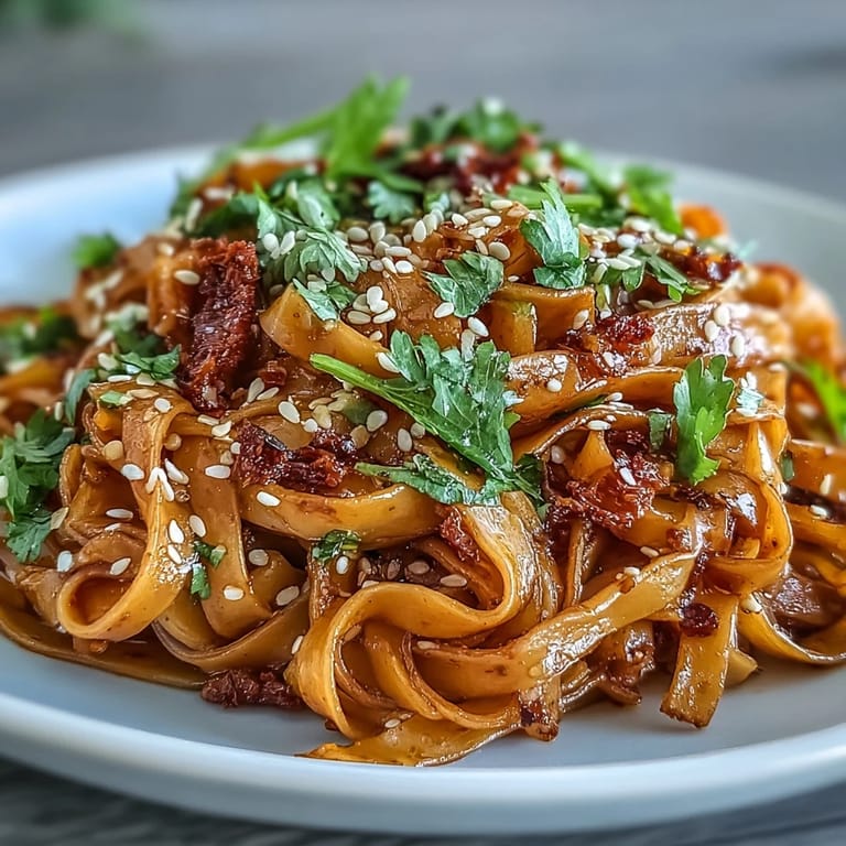 Steaming Gochujang Swede Noodles served with julienned carrots, perfect for an easy, flavorful vegan dinner.