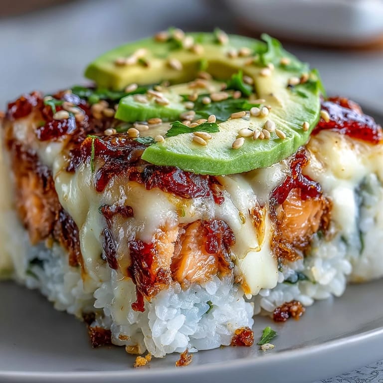 Appetizing homemade Japanese-American spicy salmon sushi bake in a casserole dish with creamy sriracha mayo and seasoned rice layers.