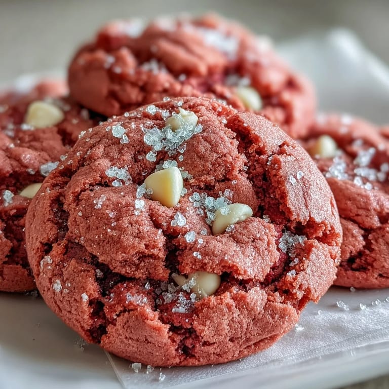 Stack of vibrant pink velvet cookies with white chocolate chips, ready to serve with a glass of cold milk.