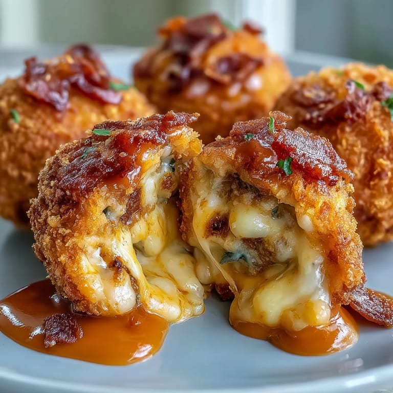 A close-up shows a bite-sized Buffalo Chicken Bacon Mozzarella Bomb torn open, revealing gooey melted mozzarella and smoky bacon inside.  
