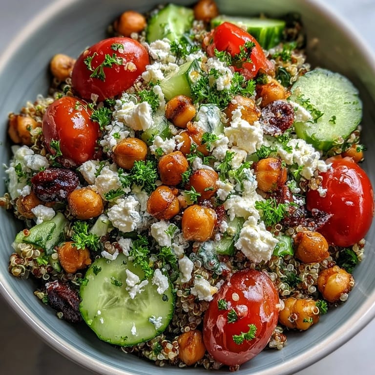 A fresh bowl of High Protein Quinoa & Chickpea Salad with diced cucumber, chickpeas, and a lemony olive oil dressing, ready for lunch.