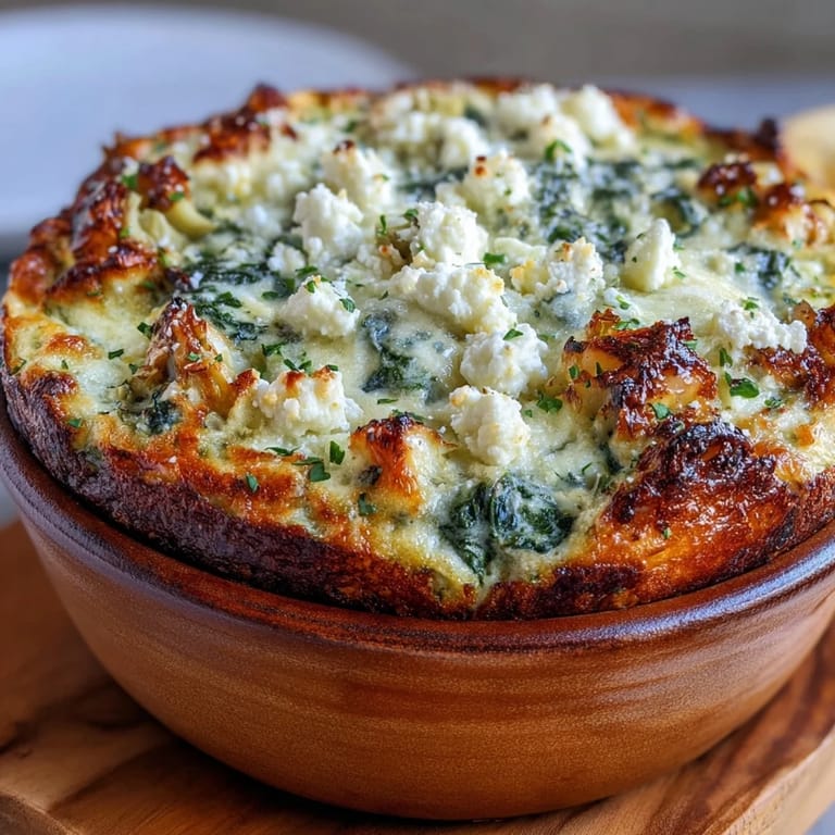 Sliced wedge of High Protein Spinach Artichoke Bake on a plate, showcasing a soft, custardy texture and melted feta.