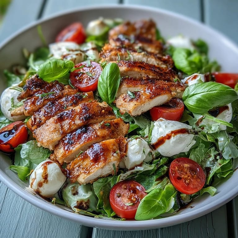 A plated Caprese Chicken Bowl with greens and chicken on a wooden table.