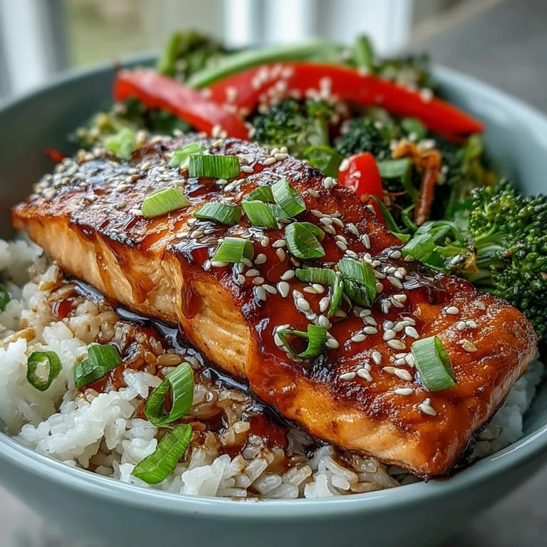 Close-up of Teriyaki Salmon Bowl showing tender salmon, crisp veggies, and sesame garnish on steaming rice.