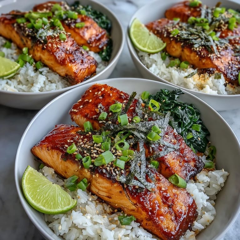 A vibrant miso glazed salmon bowl with tender fish over ginger-scented spinach and rice, finished with nori strips and lime wedges.