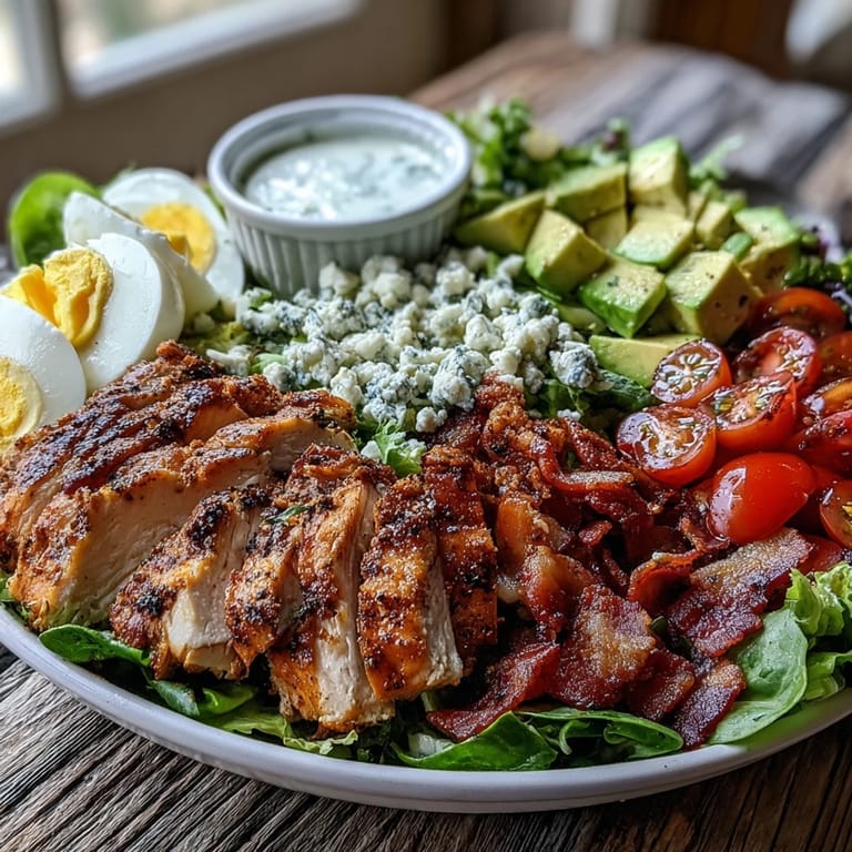 Fresh Cobb salad bowl with vibrant mixed greens, red onions, and juicy tomatoes.