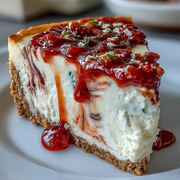 A chilled slice of Easy Guava Swirl Cheesecake showing luscious guava ribbons and a buttery biscuit crust.