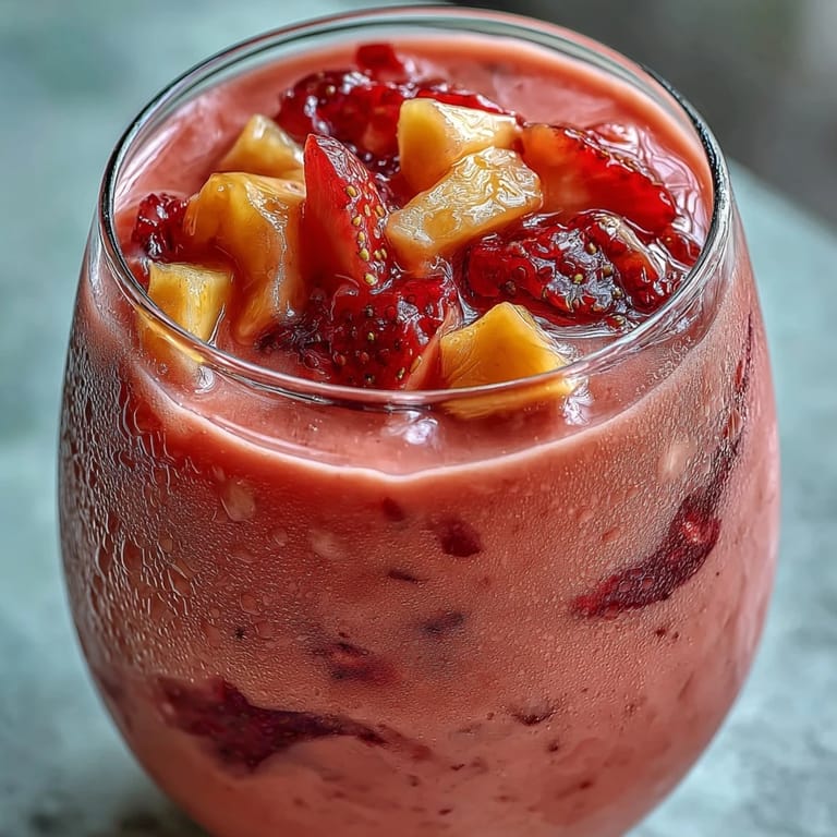 A tall glass of sweet Guava Juice Smoothie garnished with mint, a slice of guava, and a drizzle of honey beside frozen tropical fruits. 