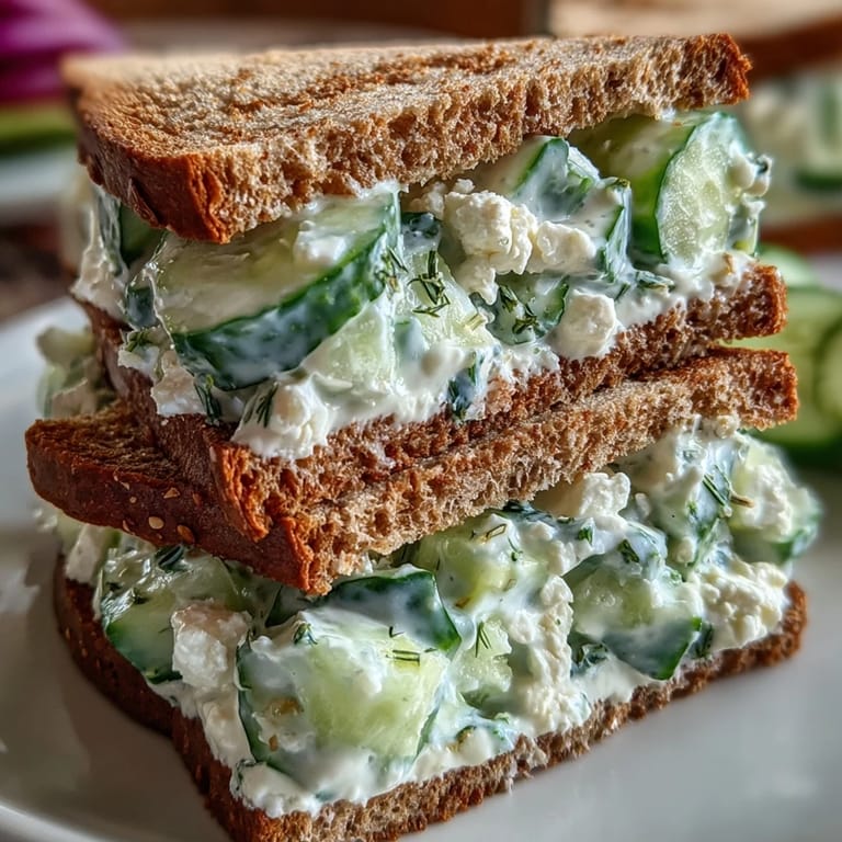 A close-up view of an Easy Cucumber Salad Sandwich layered with alfalfa sprouts and red onion, ready to serve for a light vegetarian lunch.