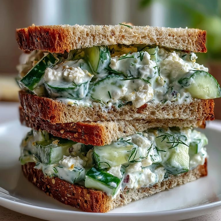 Easy Cucumber Salad Sandwiches cut in half, revealing a vibrant mix of diced cucumbers, feta, and dill spread between hearty whole-grain slices.