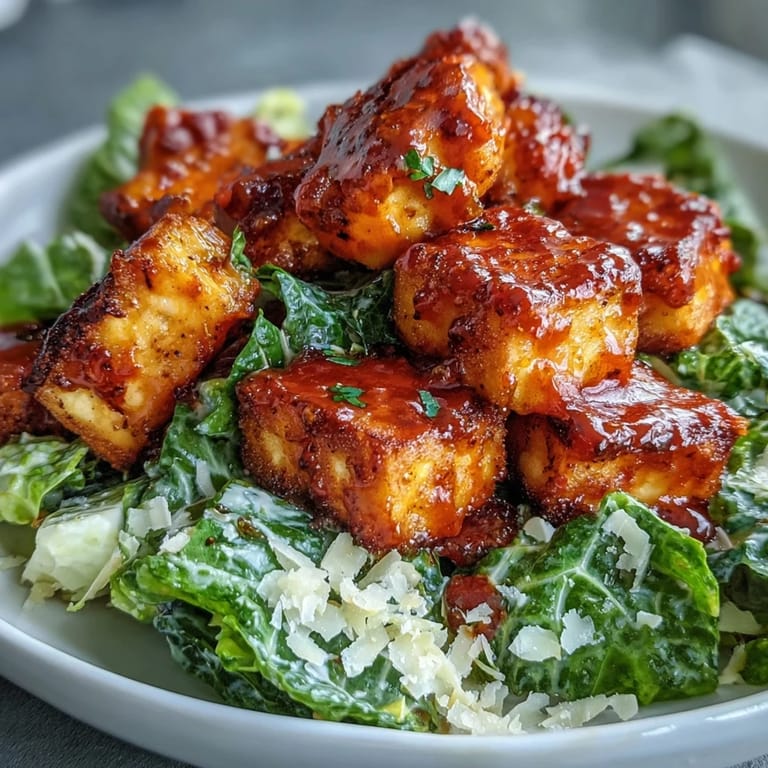 Crispy Buffalo Tofu with Creamy Caesar Salad garnished with Parmesan and fresh romaine.