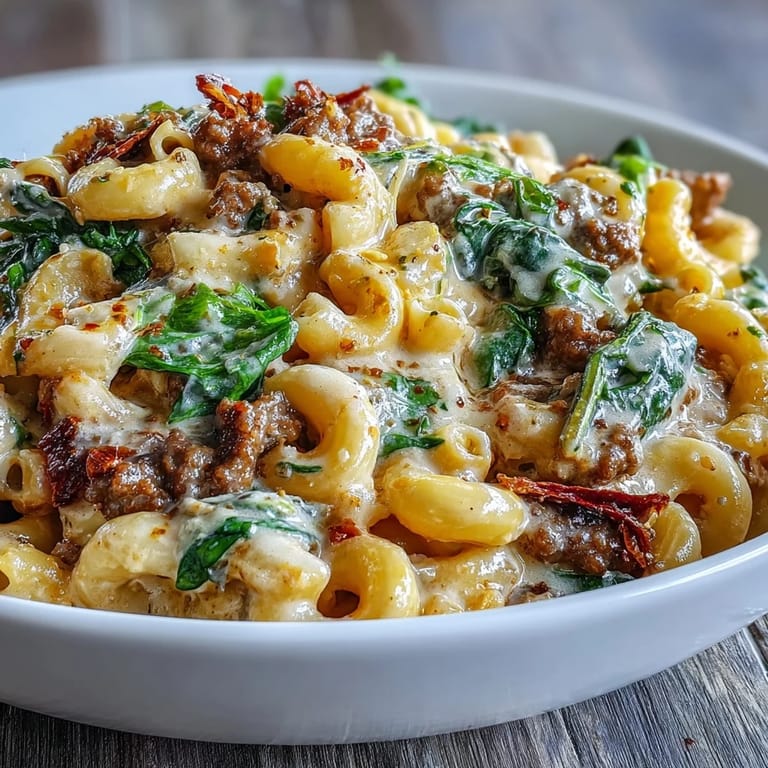 A skillet of Creamy Tuscan Chili Mac topped with spinach and melted Parmesan cheese. 
