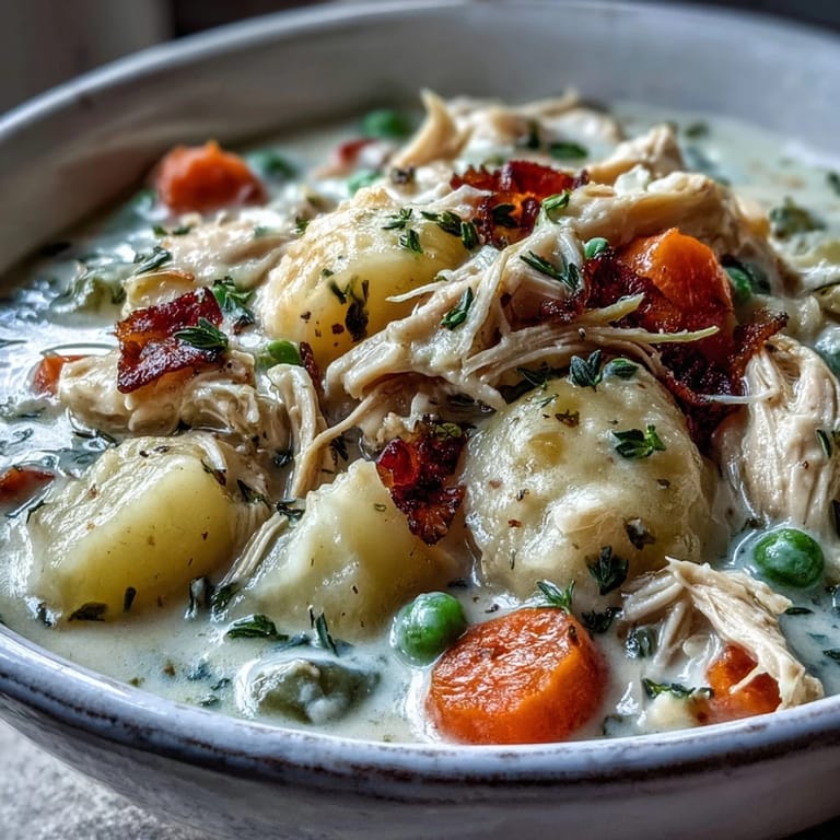 Creamy Chicken Pot Pie Soup in a white bowl alongside crusty bread and butter on a linen napkin.