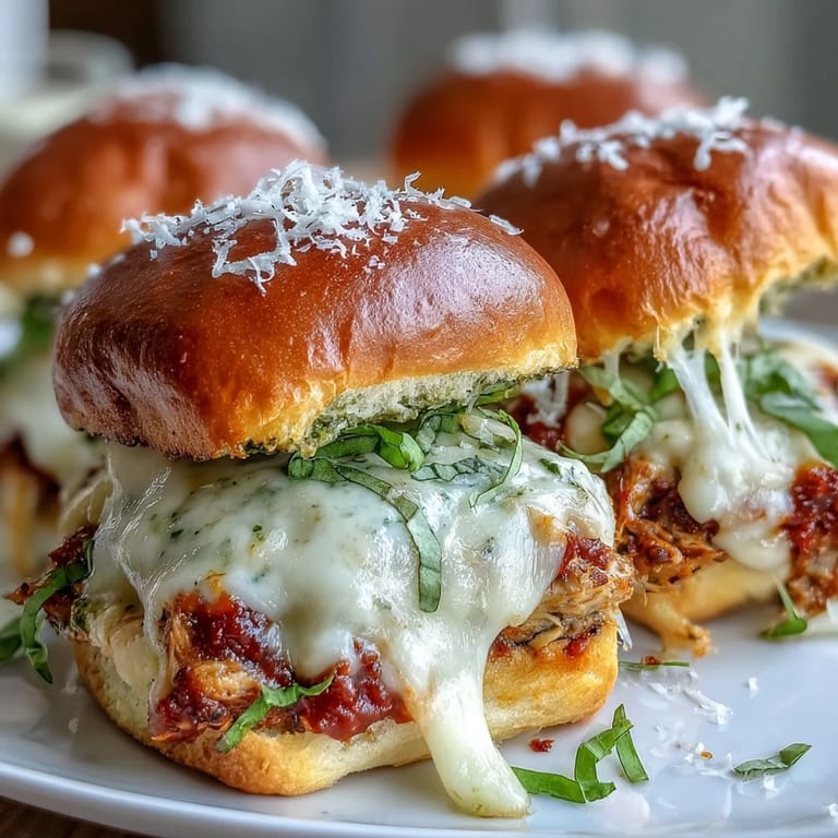 Close-up of a halved Pesto Chicken Parmesan Slider revealing shredded pesto chicken, zesty marinara, and gooey mozzarella.