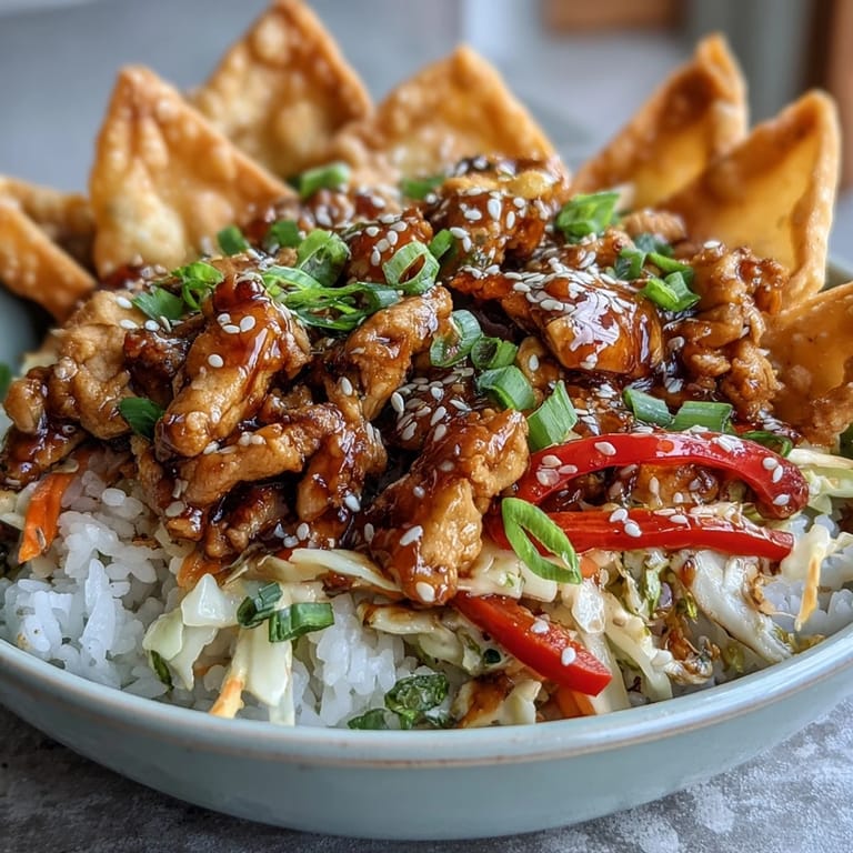 Steam rises from a hearty bowl of Crispy Baked Egg Roll Chicken, featuring tender ground chicken and bright carrots topped with crunchy baked wonton strips.