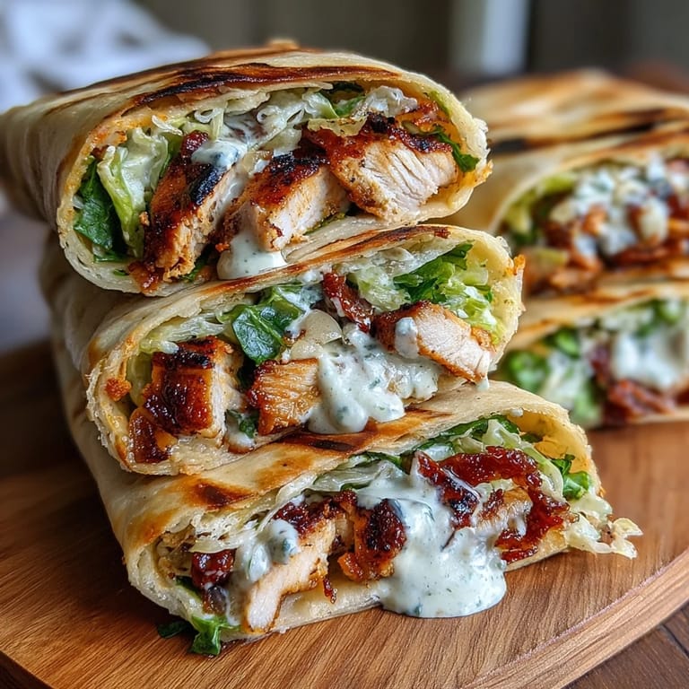 Sliced Garlic Naan Grilled Chicken Caesar Wraps show char-marked chicken and fresh romaine inside warm flatbread.