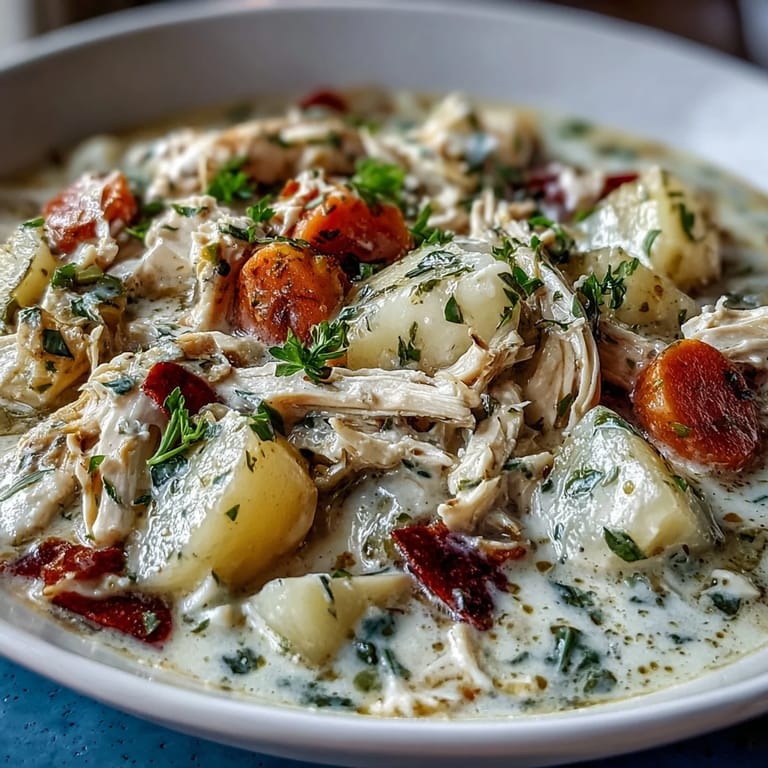 A ladle pouring Creamy Chicken Pot Pie Soup beside a golden biscuit for serving.