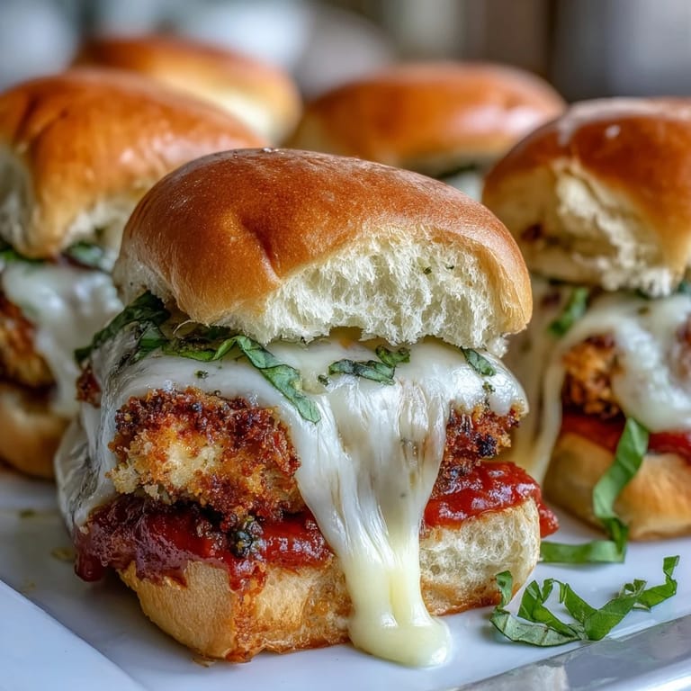 Freshly baked Pesto Chicken Parmesan Sliders served warm with a side of rich marinara dipping sauce.