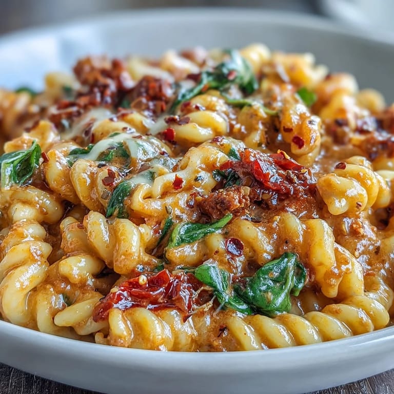 Family-style skillet of Creamy Tuscan Chili Mac topped with mozzarella, ready to serve with crusty bread.