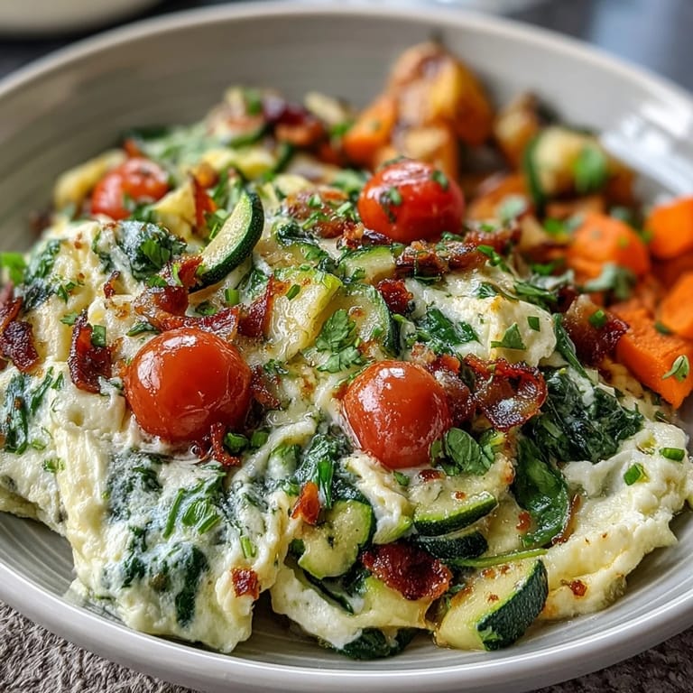 Veggie Egg White Scramble with Salsa topped with fresh cilantro served on a white plate, perfect for a healthy high protein vegetarian breakfast.