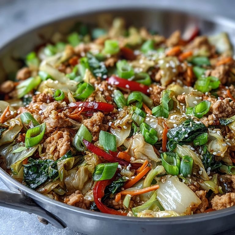 Ready in 30 minutes, this healthy High-Volume Cabbage and Turkey Stir-Fry is garnished with sesame seeds and fresh green onions on a plate.