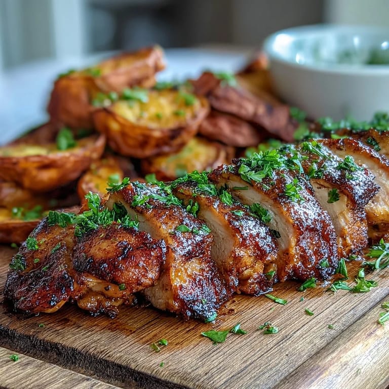 Sliced tender Honey Mustard Grilled Chicken revealing juicy interior alongside crispy Roasted Sweet Potato Wedges on a white plate.
