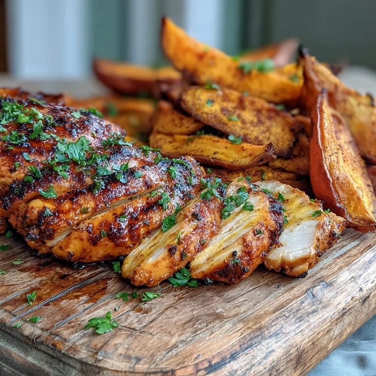 Close-up of charred Honey Mustard Grilled Chicken and seasoned Roasted Sweet Potato Wedges served with dipping sauce.
