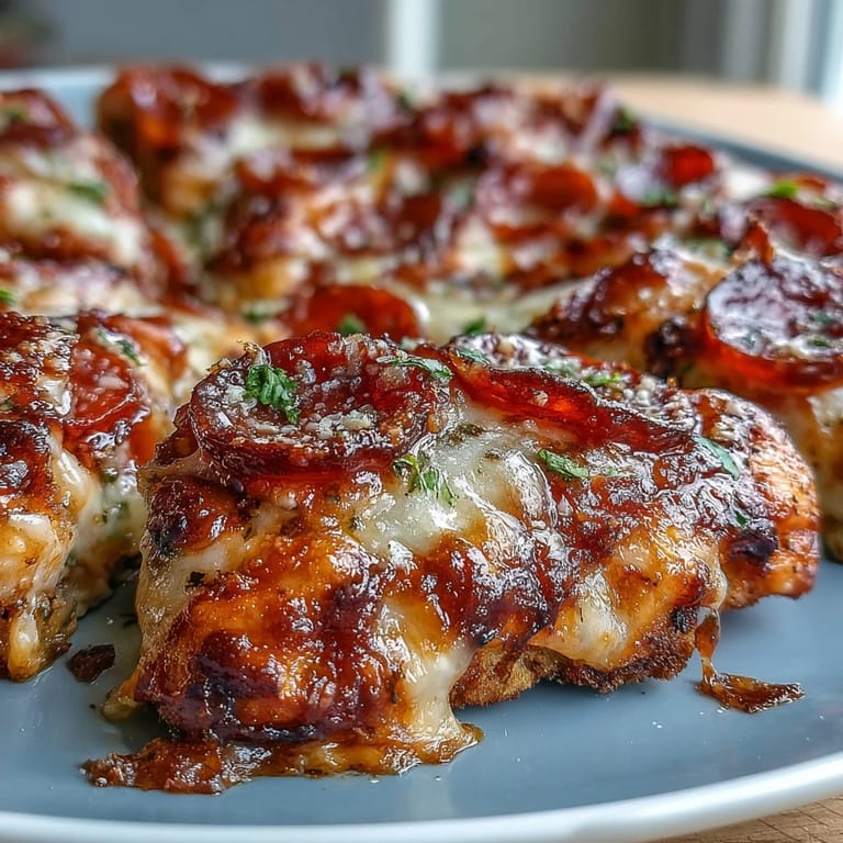 Juicy baked chicken breasts topped with rich marinara, gooey mozzarella, and pepperoni in a casserole dish.