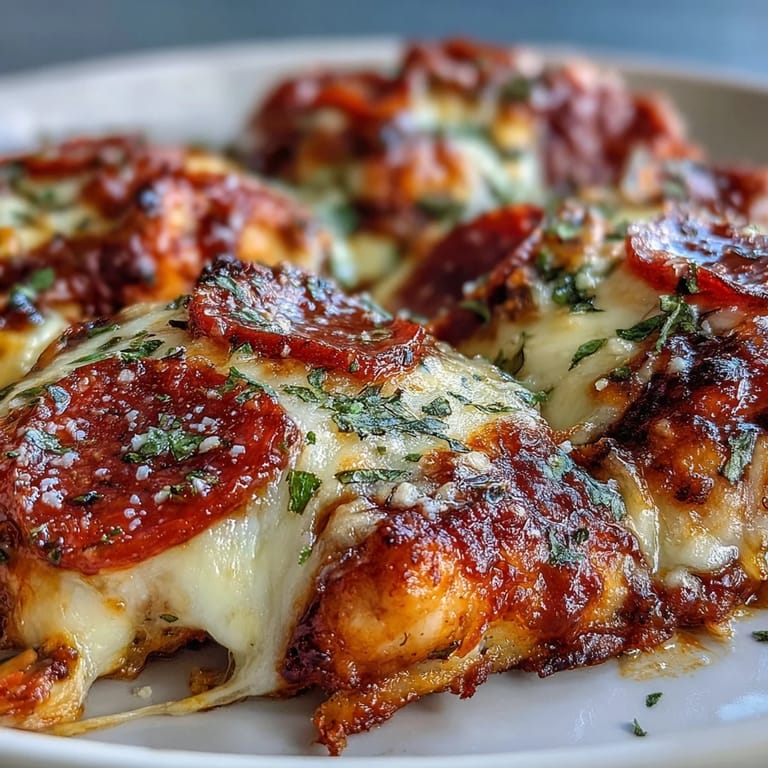 Low carb Keto Pepperoni Pizza Chicken Bake served hot from the oven, garnished with fresh parsley.