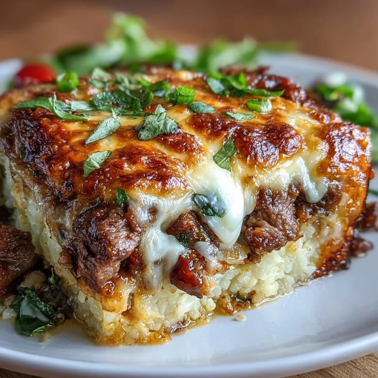 Freshly baked Keto Philly Cheesesteak Casserole with Cauliflower Rice is garnished with parsley and served hot from the oven on a rustic table.