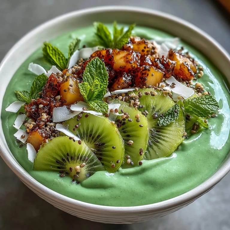 Creamy smoothie base blended with spinach, mango, and pineapple, finished with crunchy coconut flakes and hemp seeds for texture and nutrition.  