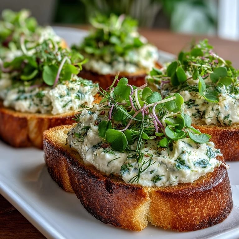Elegant appetizer board featuring toasted crostini with seasoned cream cheese and an assortment of fresh, aromatic herbs.