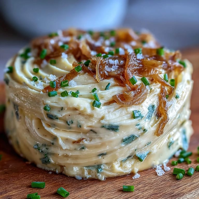 Silky, golden caramelized onions blended into rich butter, served on a rustic board with crackers and sliced baguette for dipping.