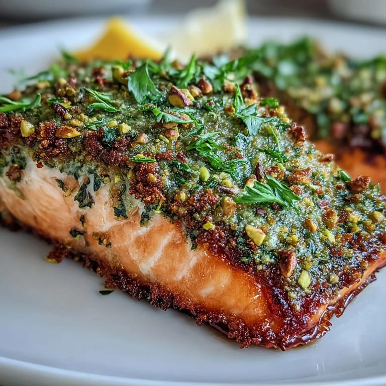 Tender salmon topped with a crunchy pistachio and herb crust, cooked to flaky perfection and paired with roasted vegetables.  