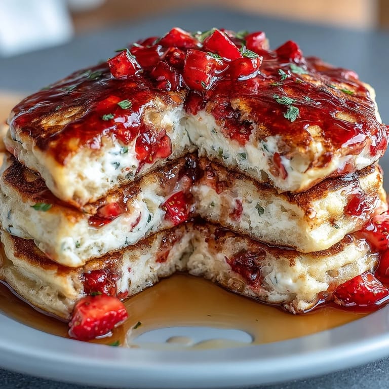 Golden-brown protein pancakes with cottage cheese and diced strawberries served on a white plate for a post-workout meal.