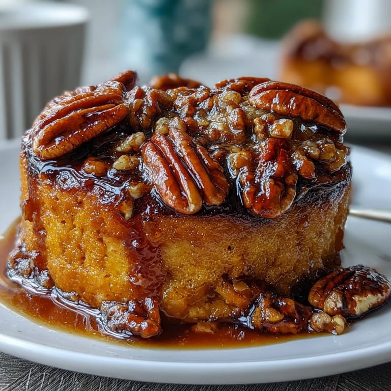 A golden-brown candied yams soufflé topped with a crunchy layer of caramelized pecans.