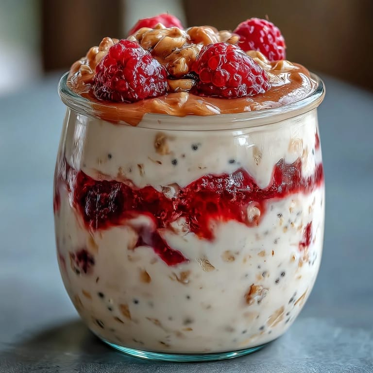 Layered raspberry chia overnight oats with creamy oats and juicy berries, perfect for busy mornings.