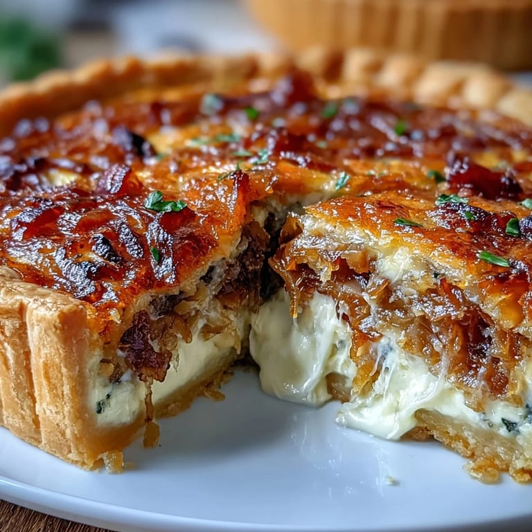 Golden-baked quiche featuring rich Gruyère, tender onions, and crisp bacon slices in a crisp pastry shell.
