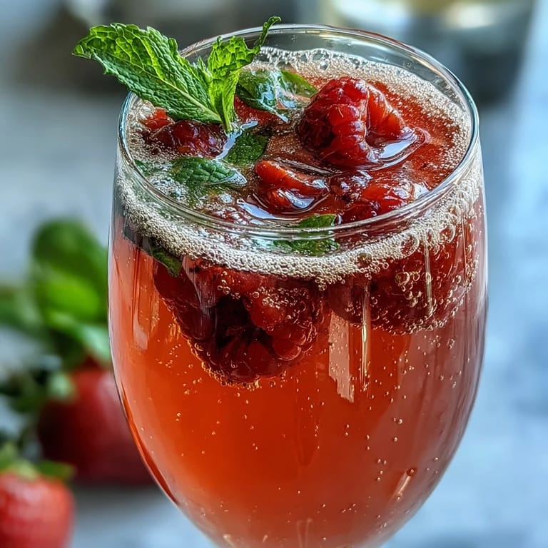 Elegant Galentine's brunch setup featuring strawberry bellinis, fresh berries, and a variety of mix-ins for customizable drinks.