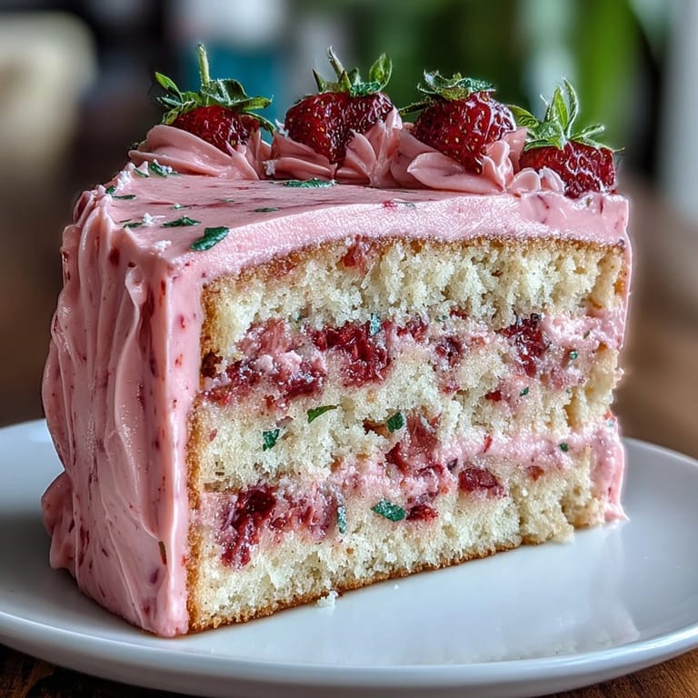 Decadent strawberry lemonade cake featuring zesty lemon layers and luscious pink strawberry frosting, ideal for festive dessert tables.