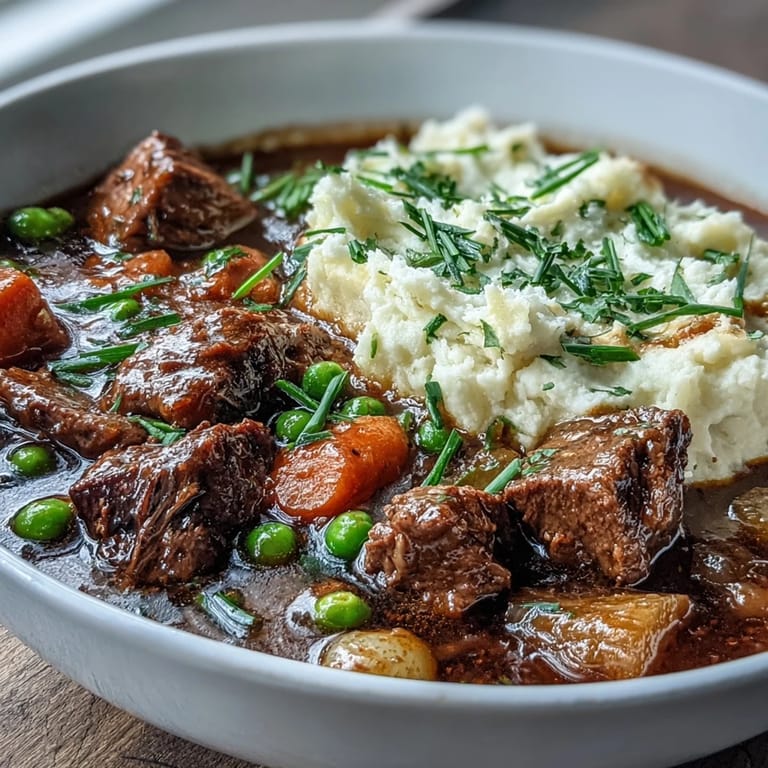 Rich, aromatic beef stew with red wine and herbs, ladled generously over smooth cauliflower mash for a comforting, lightened Irish dinner.