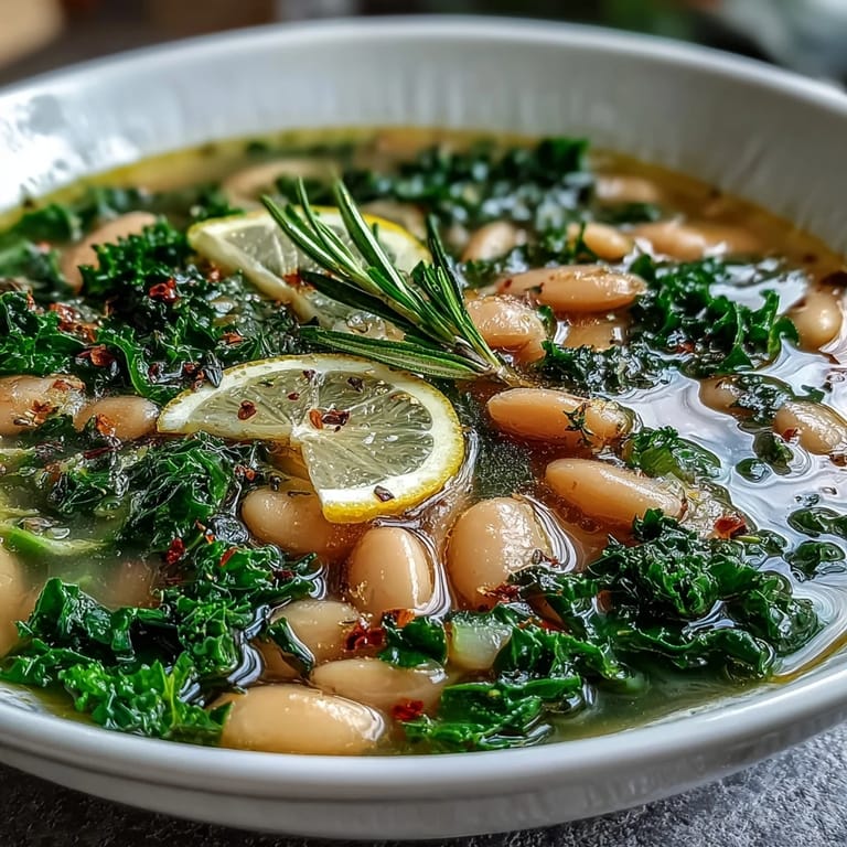 Creamy cannellini beans and tender kale in a rustic Italian soup, brightened with fresh lemon zest and herbs.