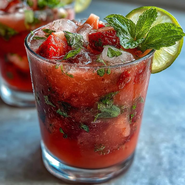 Refreshing alcohol-free strawberry watermelon daiquiri mocktail garnished with mint sprigs, lime wheels, and fresh fruit slices in clear glasses.